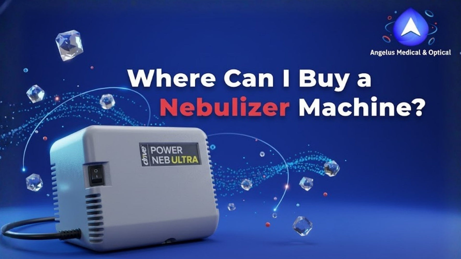 Angelus Medical blog cover showing a portable Drive Power Neb Ultra nebulizer for breathing treatments with headline “Where Can I Buy a Nebulizer Machine?”