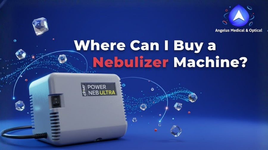 Angelus Medical blog cover showing a portable Drive Power Neb Ultra nebulizer for breathing treatments with headline “Where Can I Buy a Nebulizer Machine?”