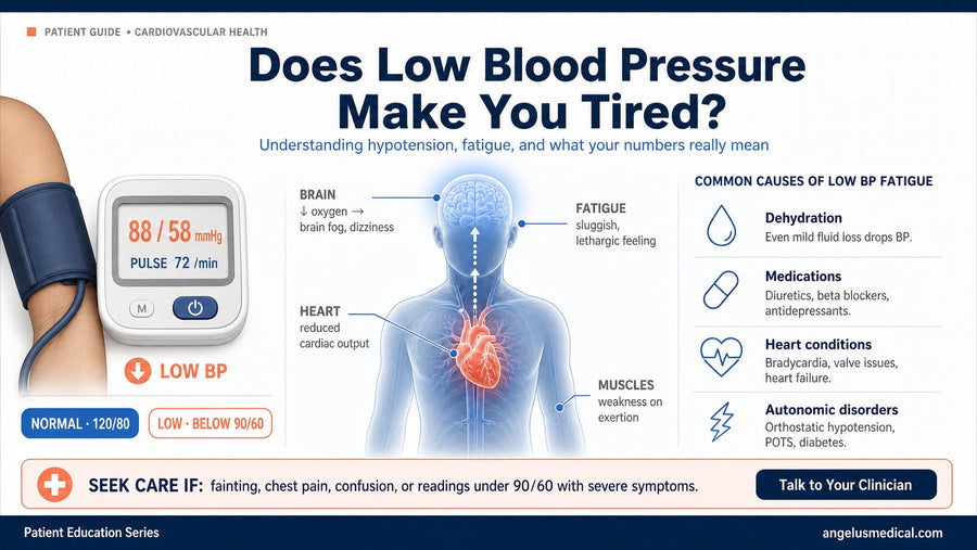 Infographic showing a digital blood pressure cuff reading 88/58 mmHg next to a stylized figure with reduced blood flow to the brain, illustrating how low blood pressure can cause fatigue.