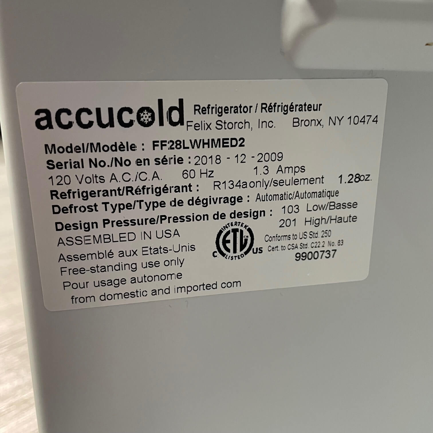 Accucold FF28LWHMED2 Refrigerator