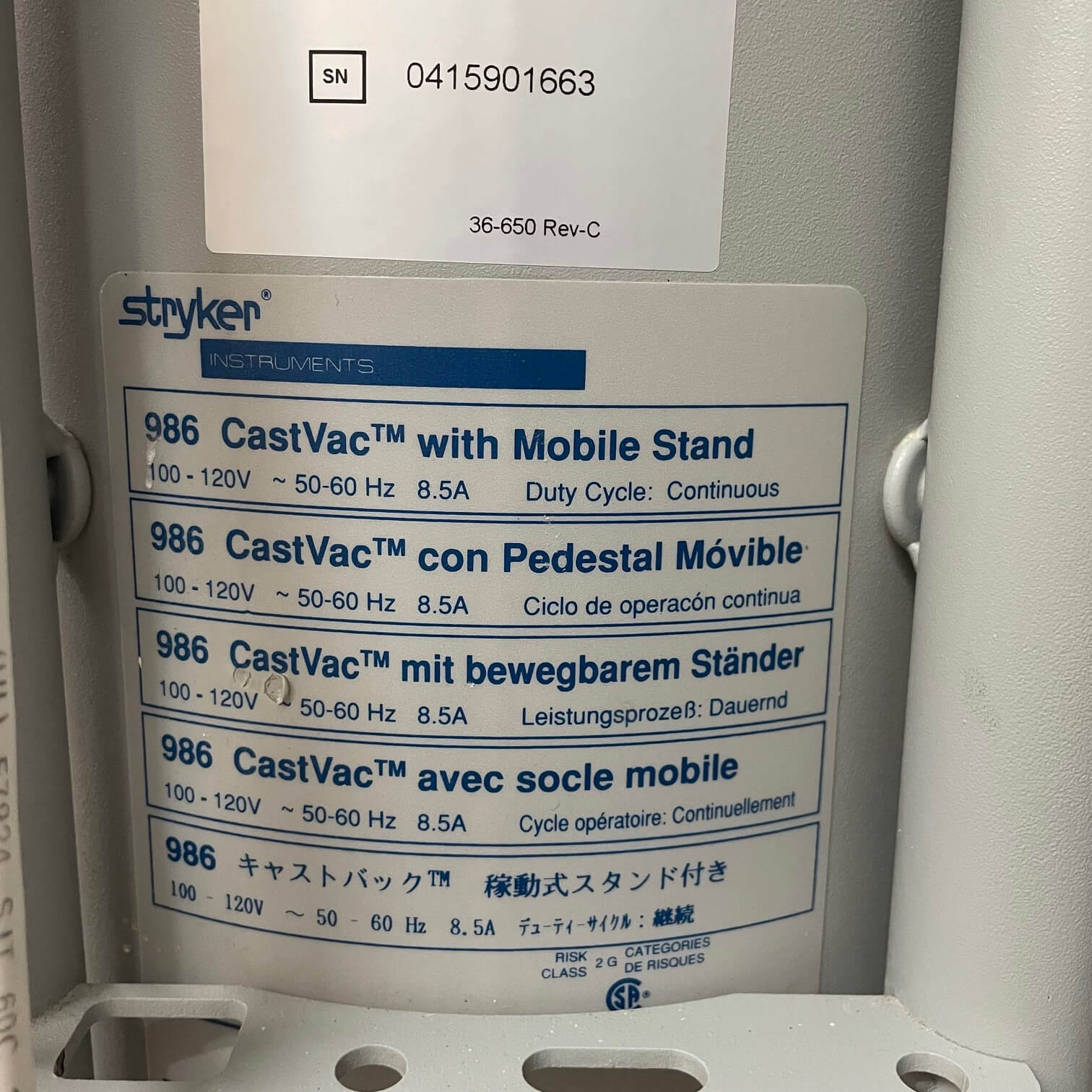 Stryker CastVac 986 with Mobile Stand for sale in Los Angeles Gardena