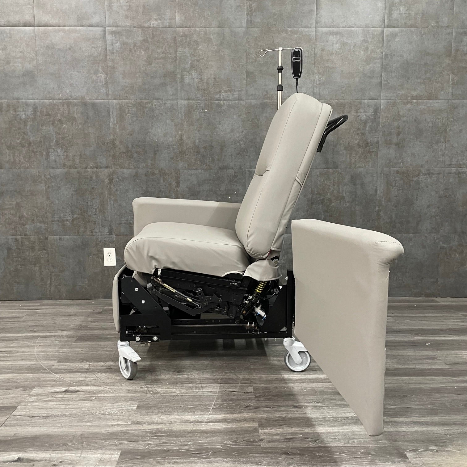 Side view of Champion 85P medical recliner with swing-away arms available for sale near me